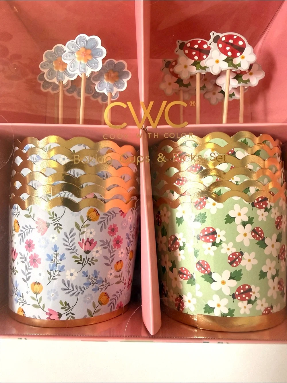 CWC Floral & Ladybug Cupcake Baking Cups and Picks Set - NIB